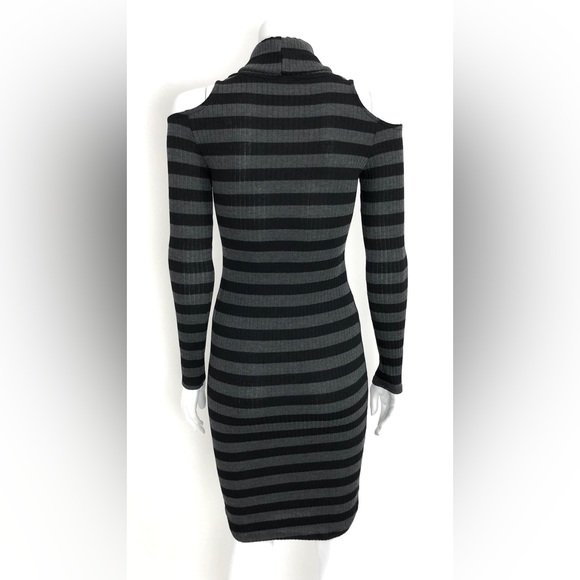 Solemio Cold Shoulder Knit Dress very fitted Black Gray Stripe - Picture 4 of 10